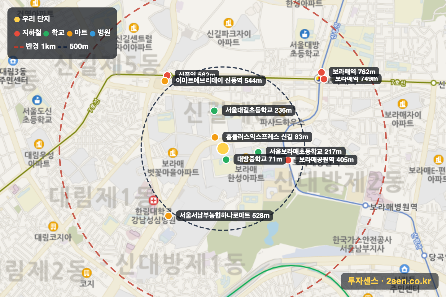 경남교수 반경 1km 입지 지도(지하철·학교·마트)
