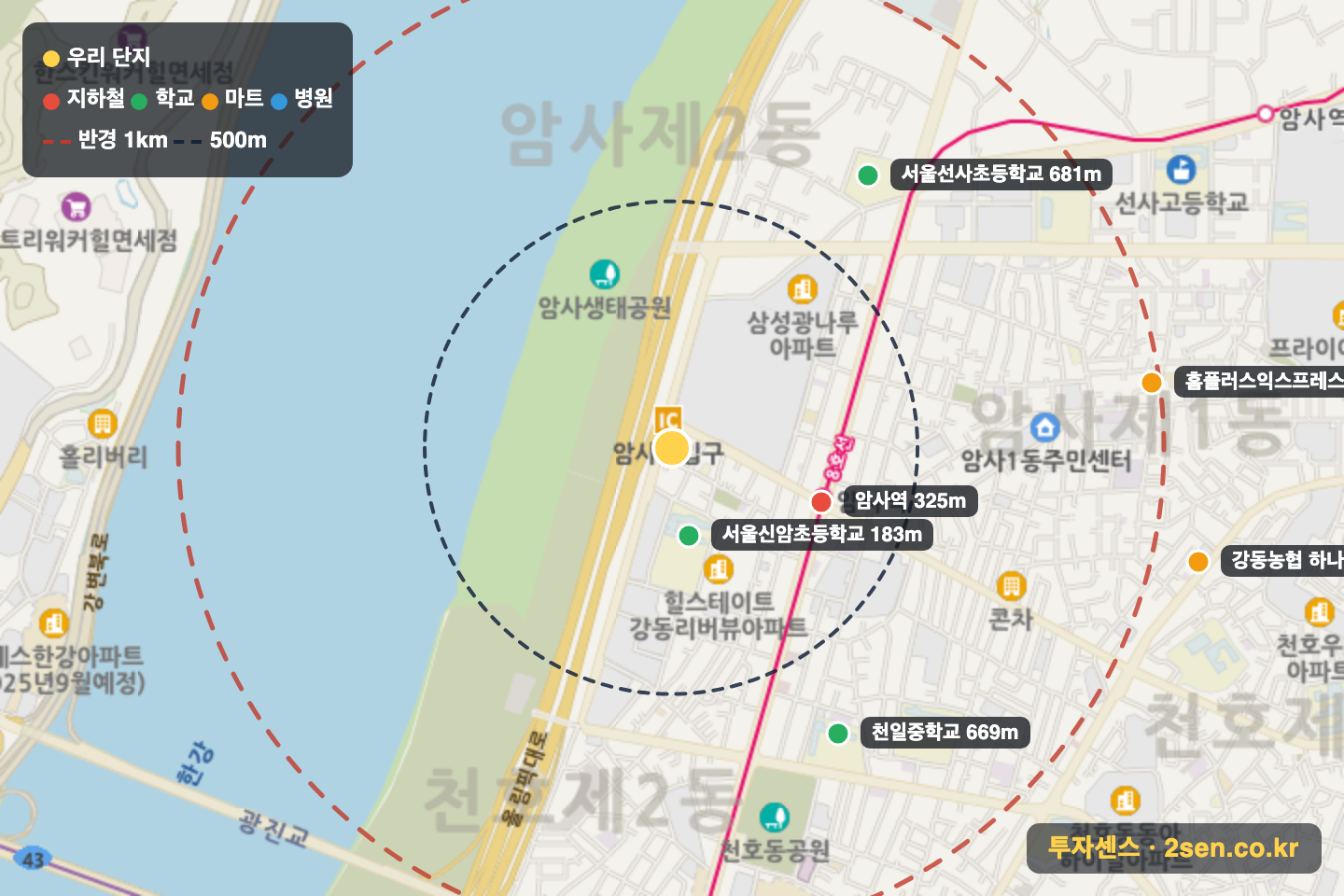 경지리버캐슬 반경 1km 입지 지도(지하철·학교·마트)