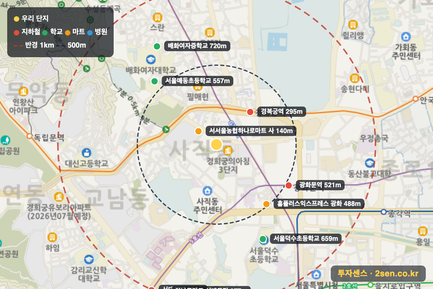 경희궁의아침2단지 반경 1km 입지 지도(지하철·학교·마트)
