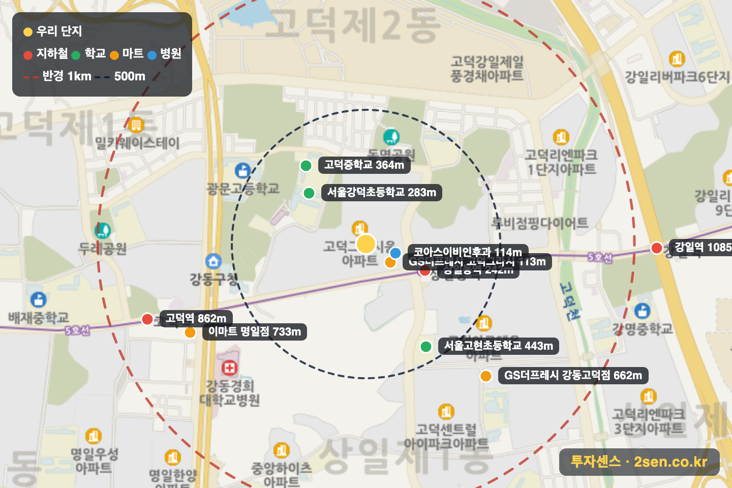 고덕그라시움 반경 1km 입지 지도(지하철·학교·마트)
