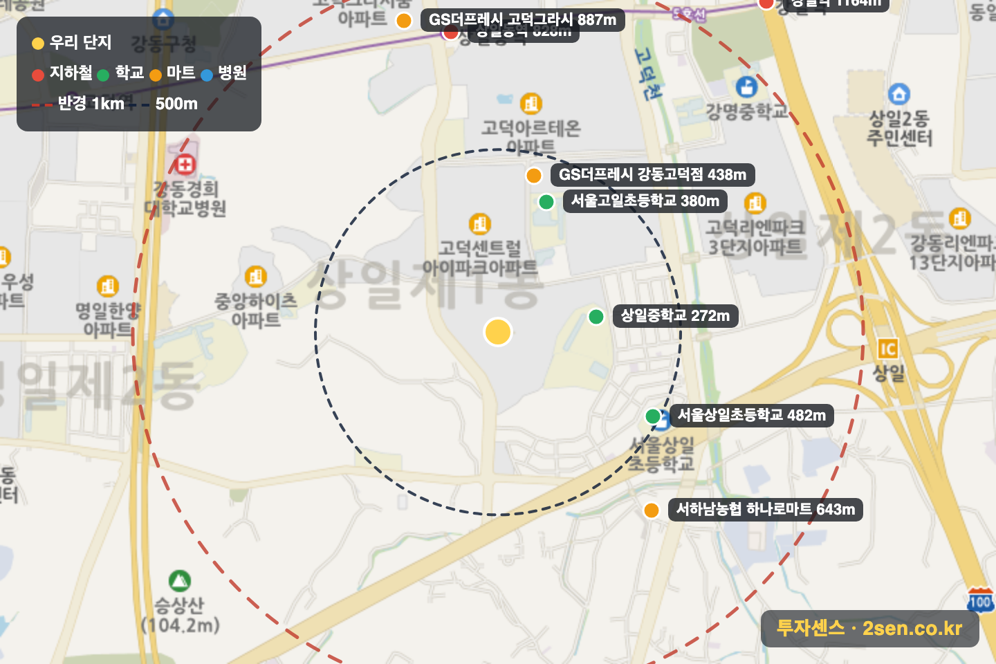 고덕롯데캐슬베네루체 반경 1km 입지 지도(지하철·학교·마트)