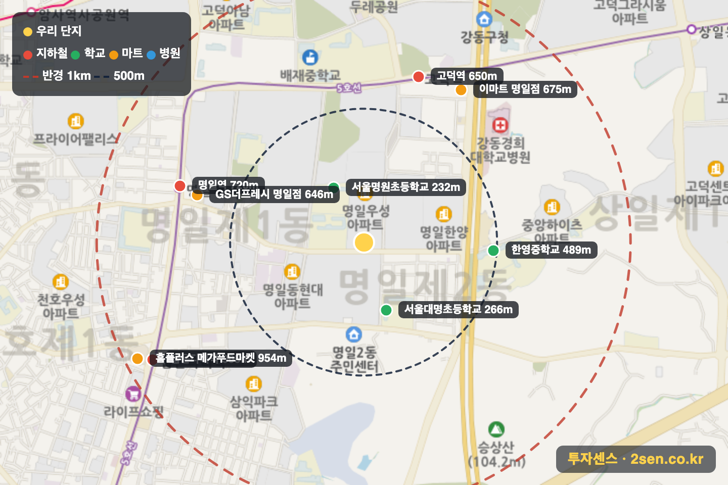 고덕삼환아파트 반경 1km 입지 지도(지하철·학교·마트)