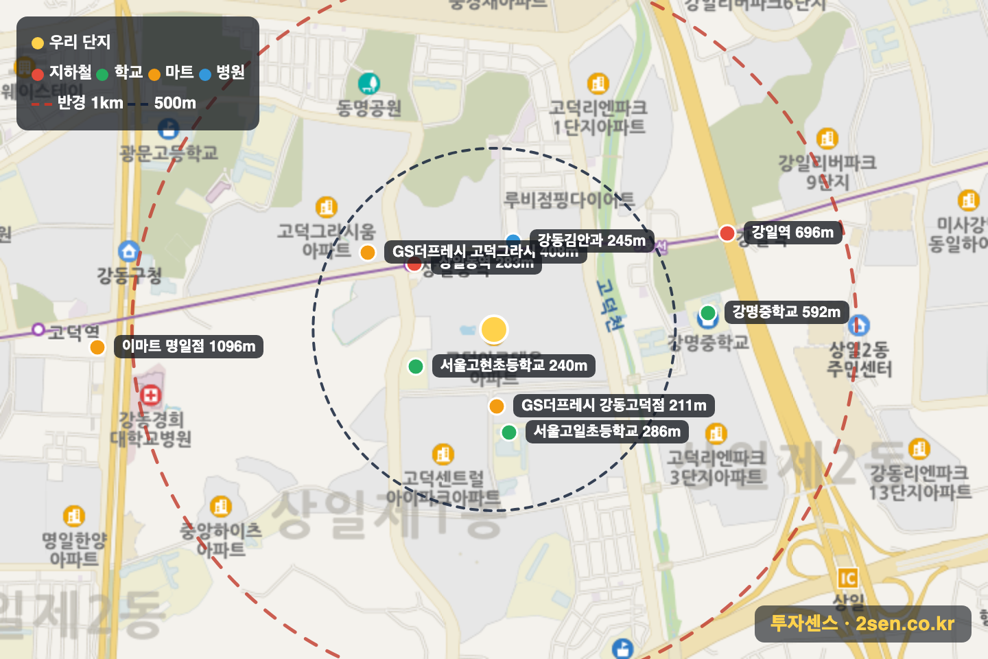 고덕아르테온 반경 1km 입지 지도(지하철·학교·마트)