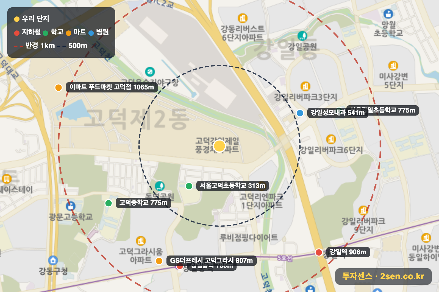 고덕풍경채어바니티 반경 1km 입지 지도(지하철·학교·마트)
