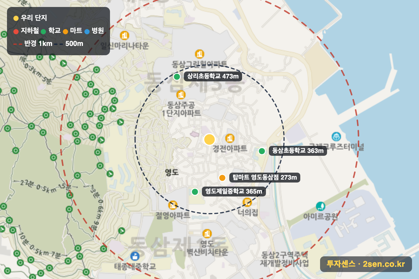 골드클래스 반경 1km 입지 지도(지하철·학교·마트)