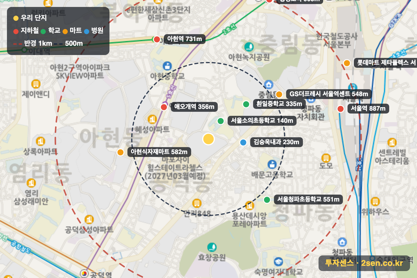 공덕2삼성래미안 반경 1km 입지 지도(지하철·학교·마트)
