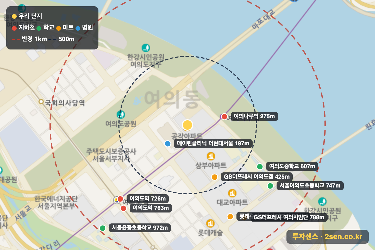 공작 반경 1km 입지 지도(지하철·학교·마트)