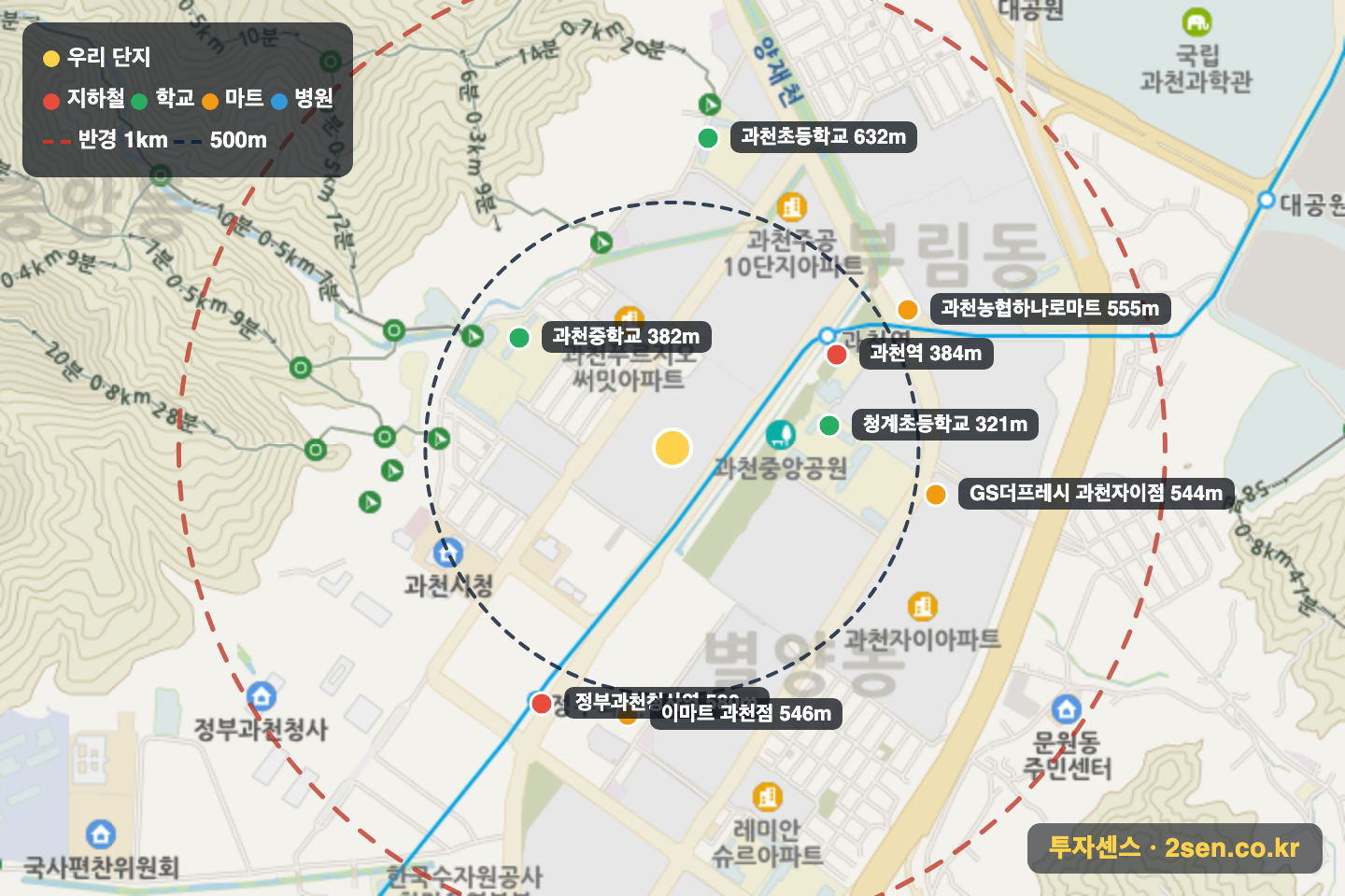 과천푸르지오써밋 반경 1km 입지 지도(지하철·학교·마트)