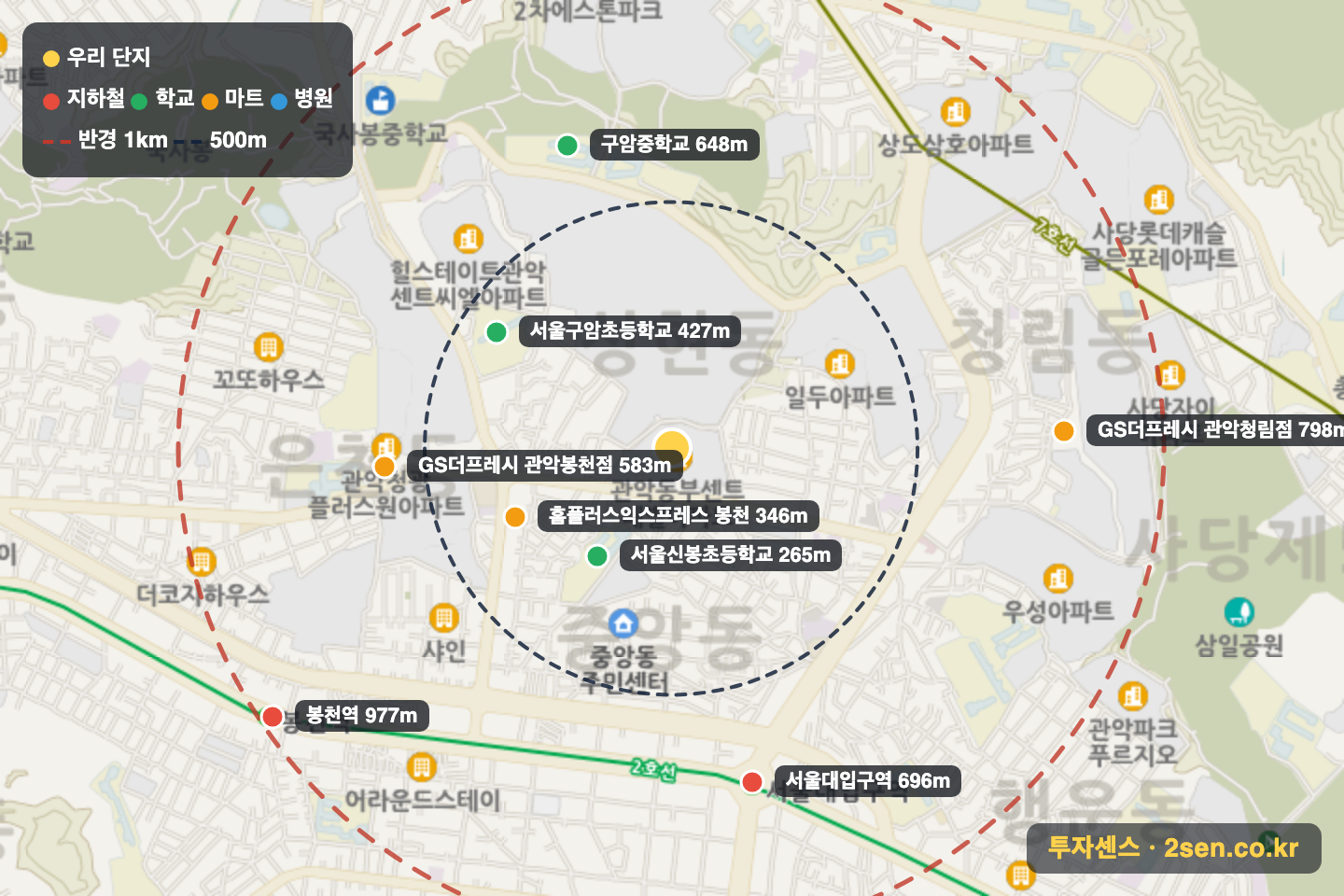 관악동부센트레빌 반경 1km 입지 지도(지하철·학교·마트)