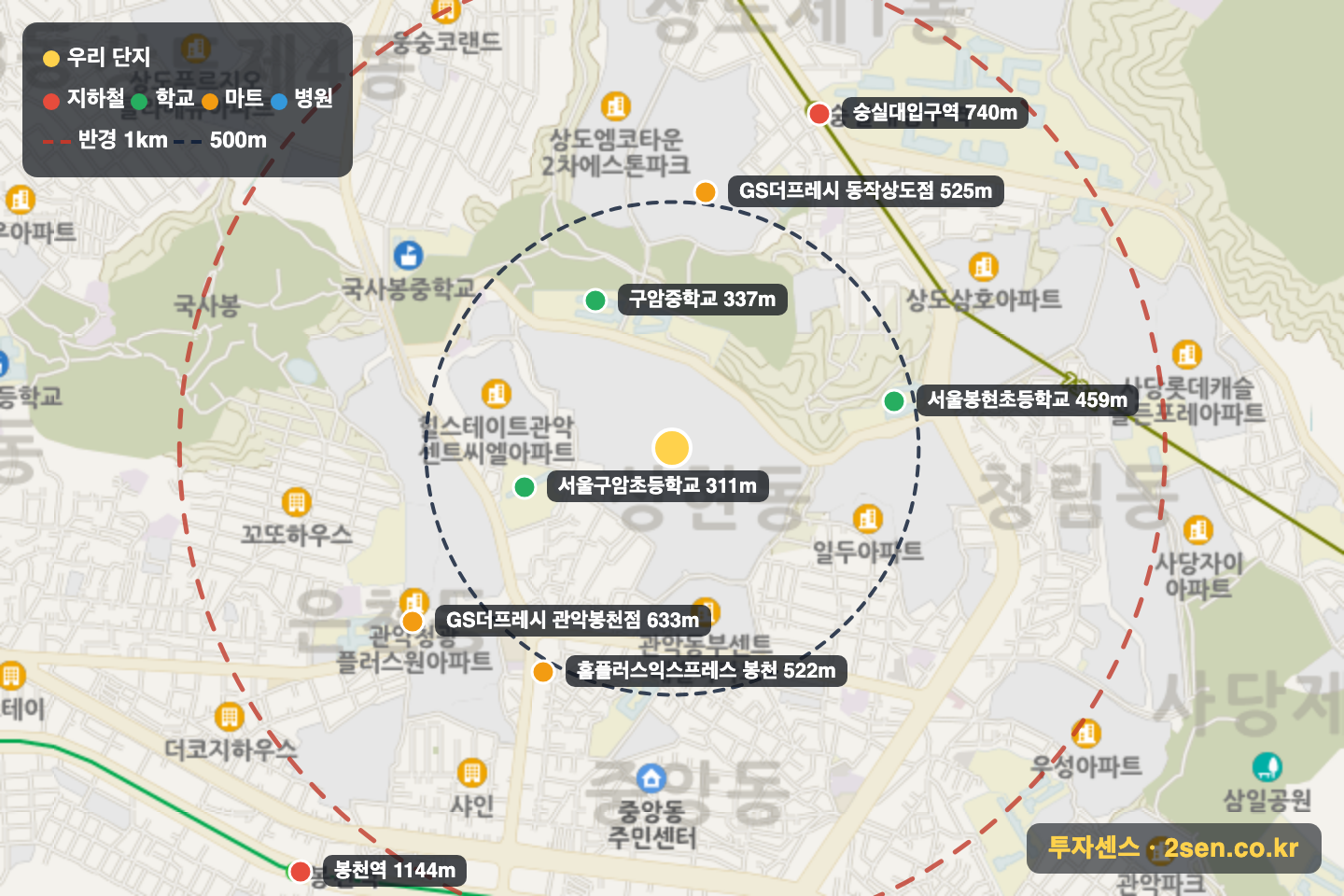 관악드림(삼성) 반경 1km 입지 지도(지하철·학교·마트)