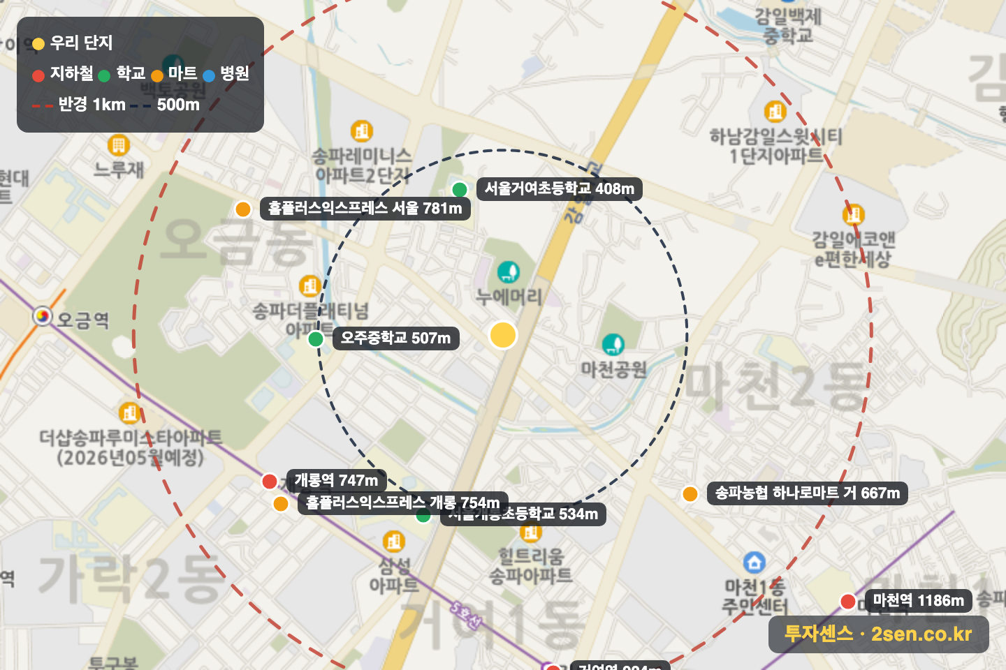 광남캐스빌 반경 1km 입지 지도(지하철·학교·마트)