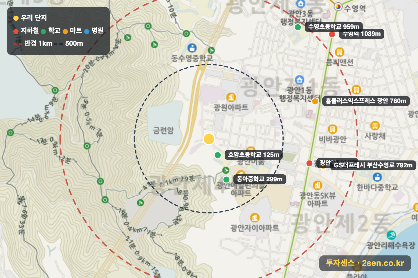 광명 반경 1km 입지 지도(지하철·학교·마트)