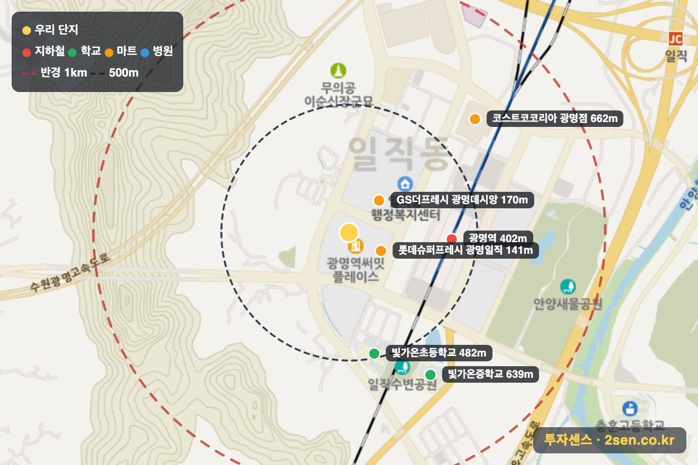광명역써밋플레이스 반경 1km 입지 지도(지하철·학교·마트)