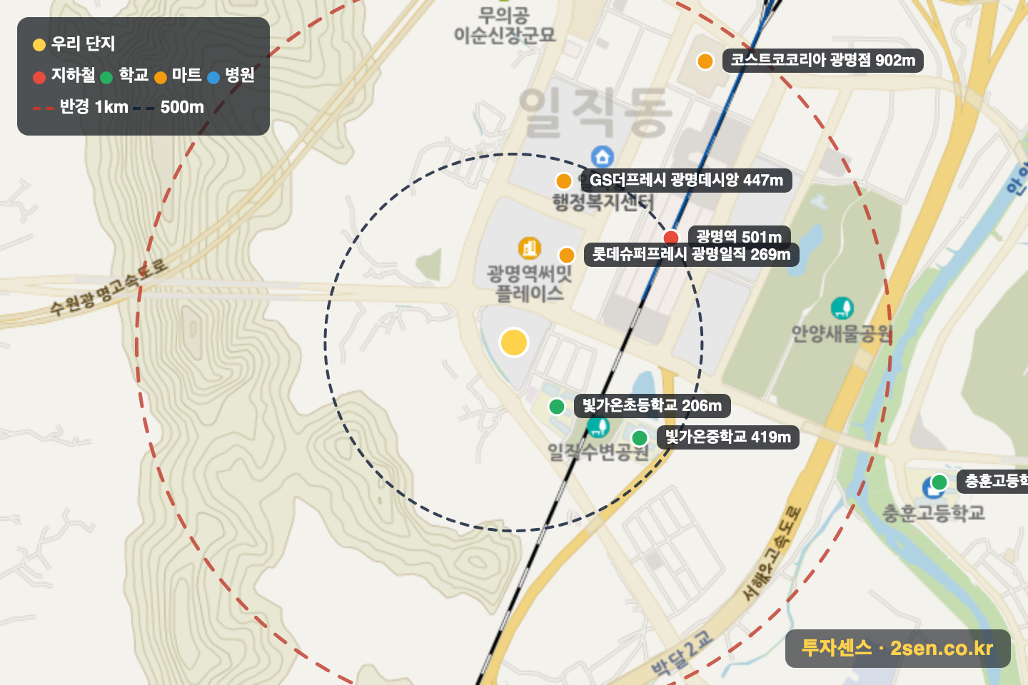 광명역푸르지오 반경 1km 입지 지도(지하철·학교·마트)