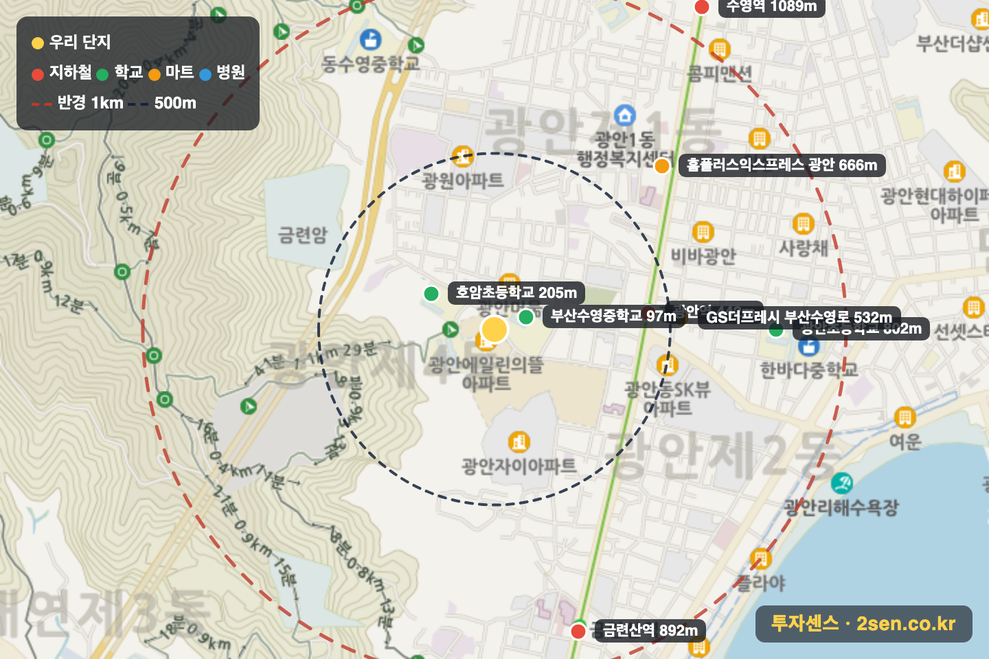 광안에일린의뜰 반경 1km 입지 지도(지하철·학교·마트)