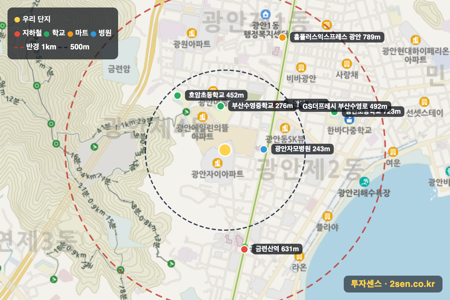 광안자이 반경 1km 입지 지도(지하철·학교·마트)