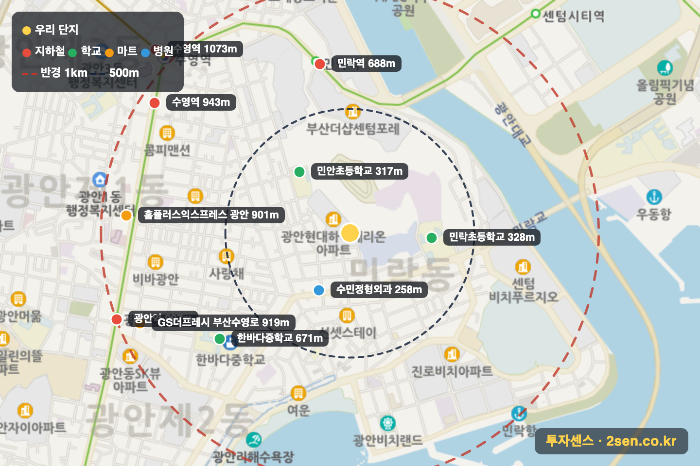 광안현대하이페리온 반경 1km 입지 지도(지하철·학교·마트)