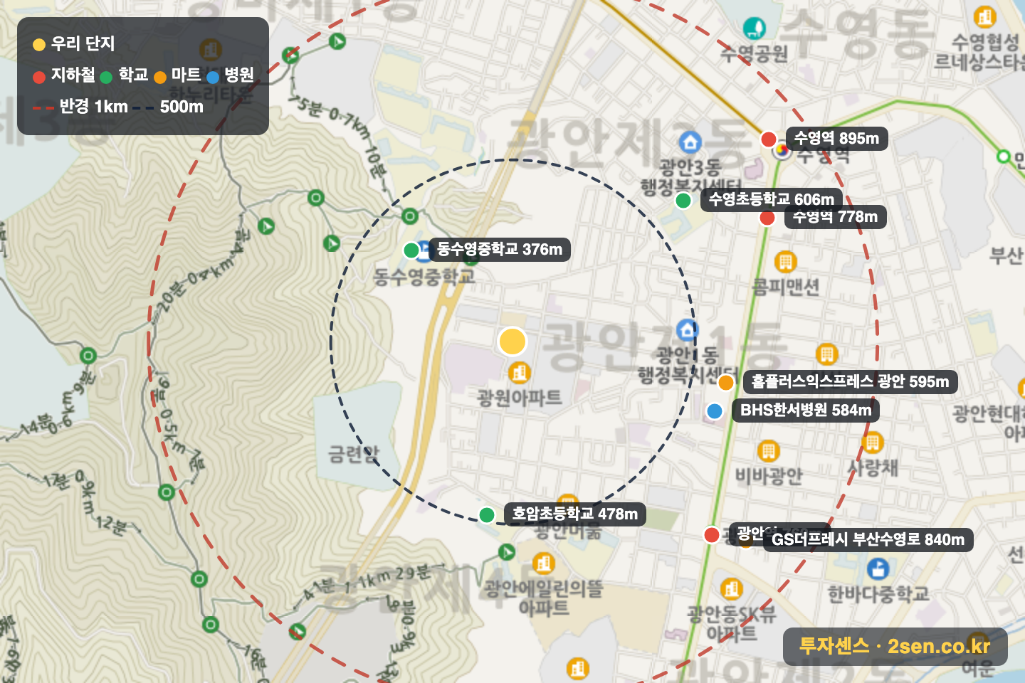 광원 반경 1km 입지 지도(지하철·학교·마트)