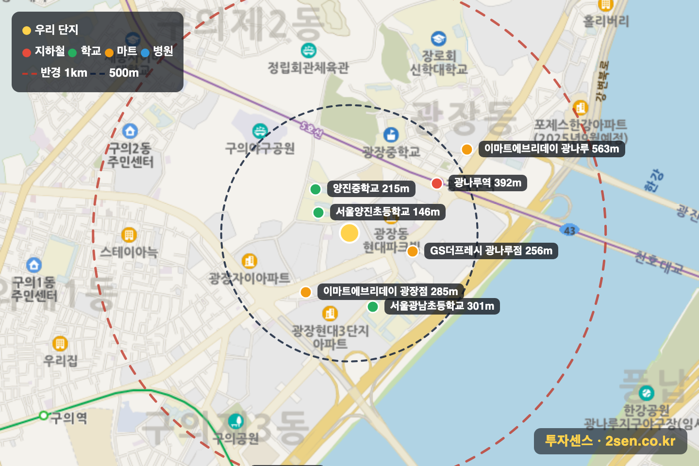 광장힐스테이트 반경 1km 입지 지도(지하철·학교·마트)
