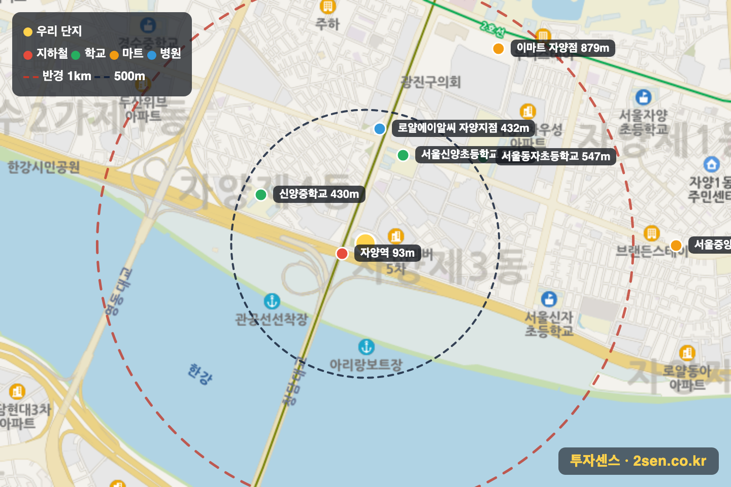광진트라팰리스 반경 1km 입지 지도(지하철·학교·마트)
