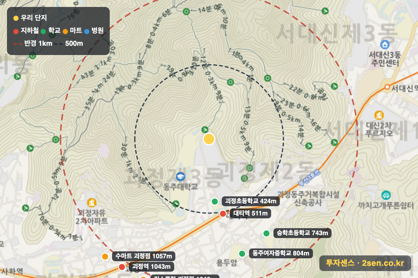 괴정한신더휴 반경 1km 입지 지도(지하철·학교·마트)