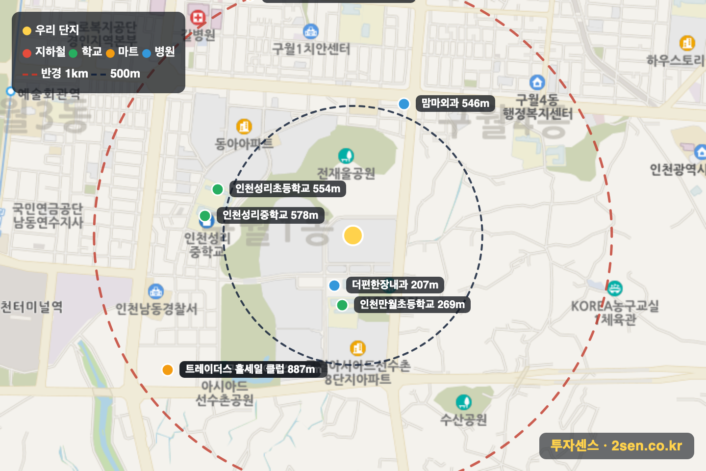 구월아시아드선수촌5단지 반경 1km 입지 지도(지하철·학교·마트)