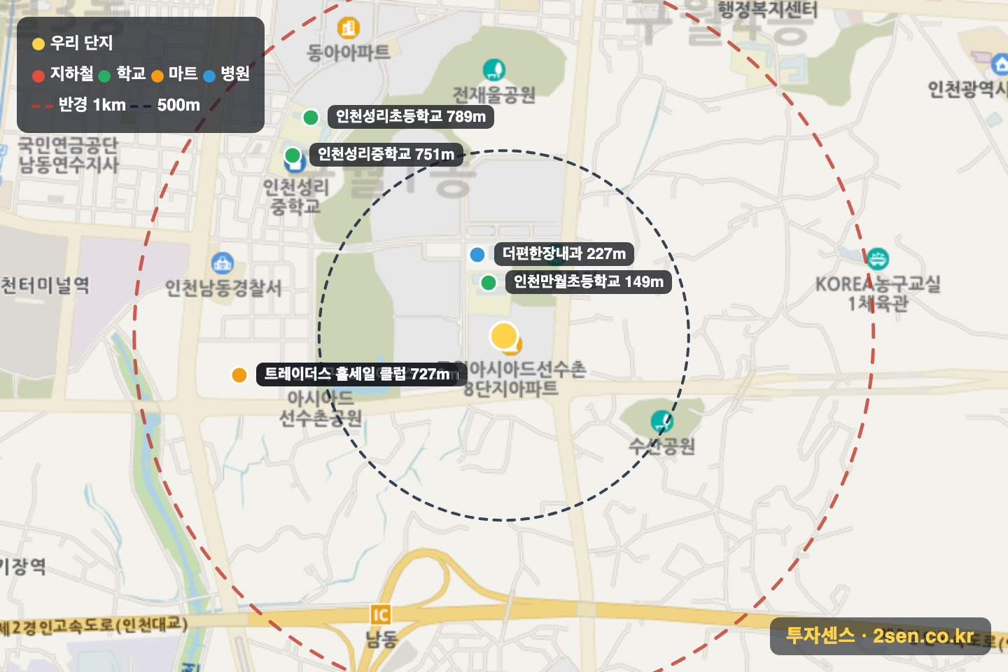 구월아시아드선수촌8단지 반경 1km 입지 지도(지하철·학교·마트)