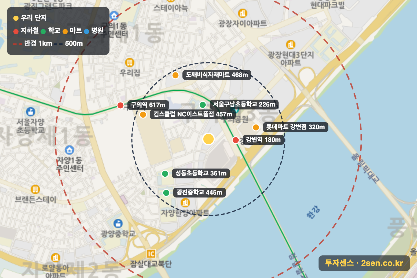 구의강변우성아파트 반경 1km 입지 지도(지하철·학교·마트)