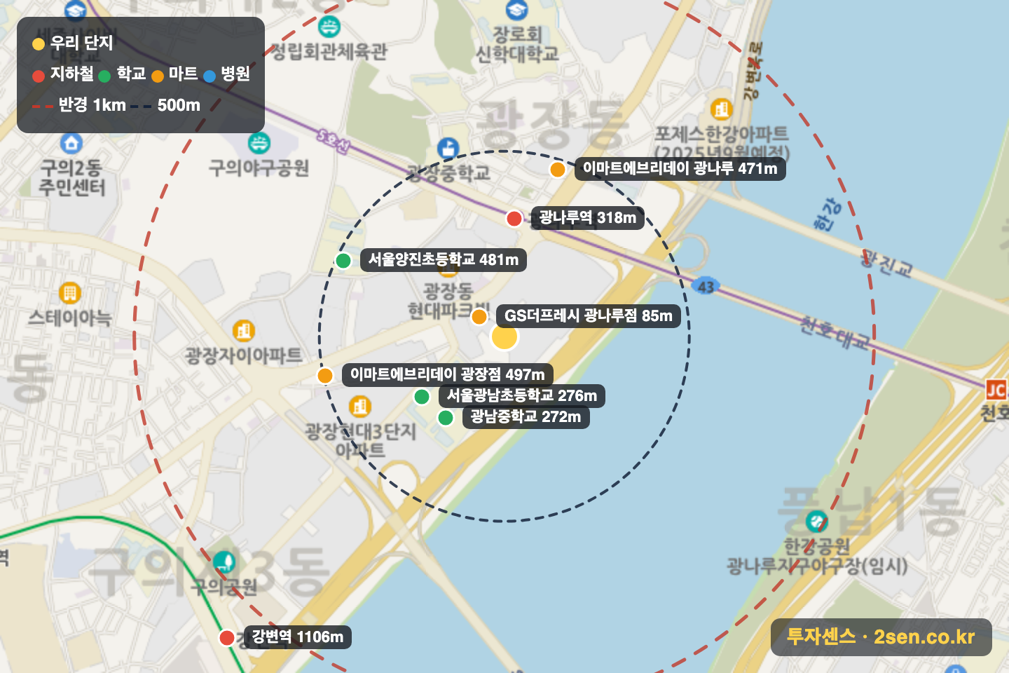 극동2 반경 1km 입지 지도(지하철·학교·마트)