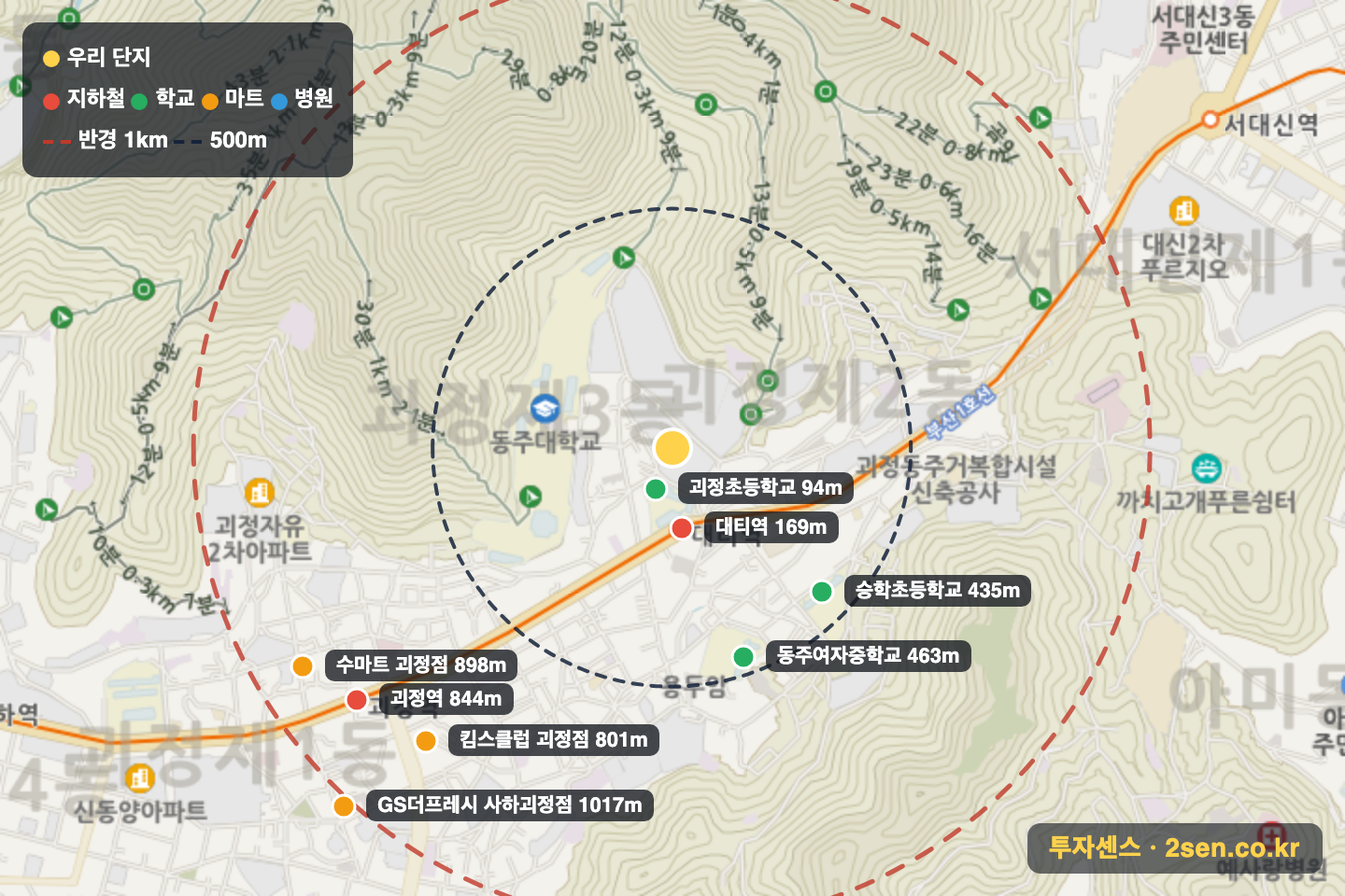극동스타클래스 반경 1km 입지 지도(지하철·학교·마트)