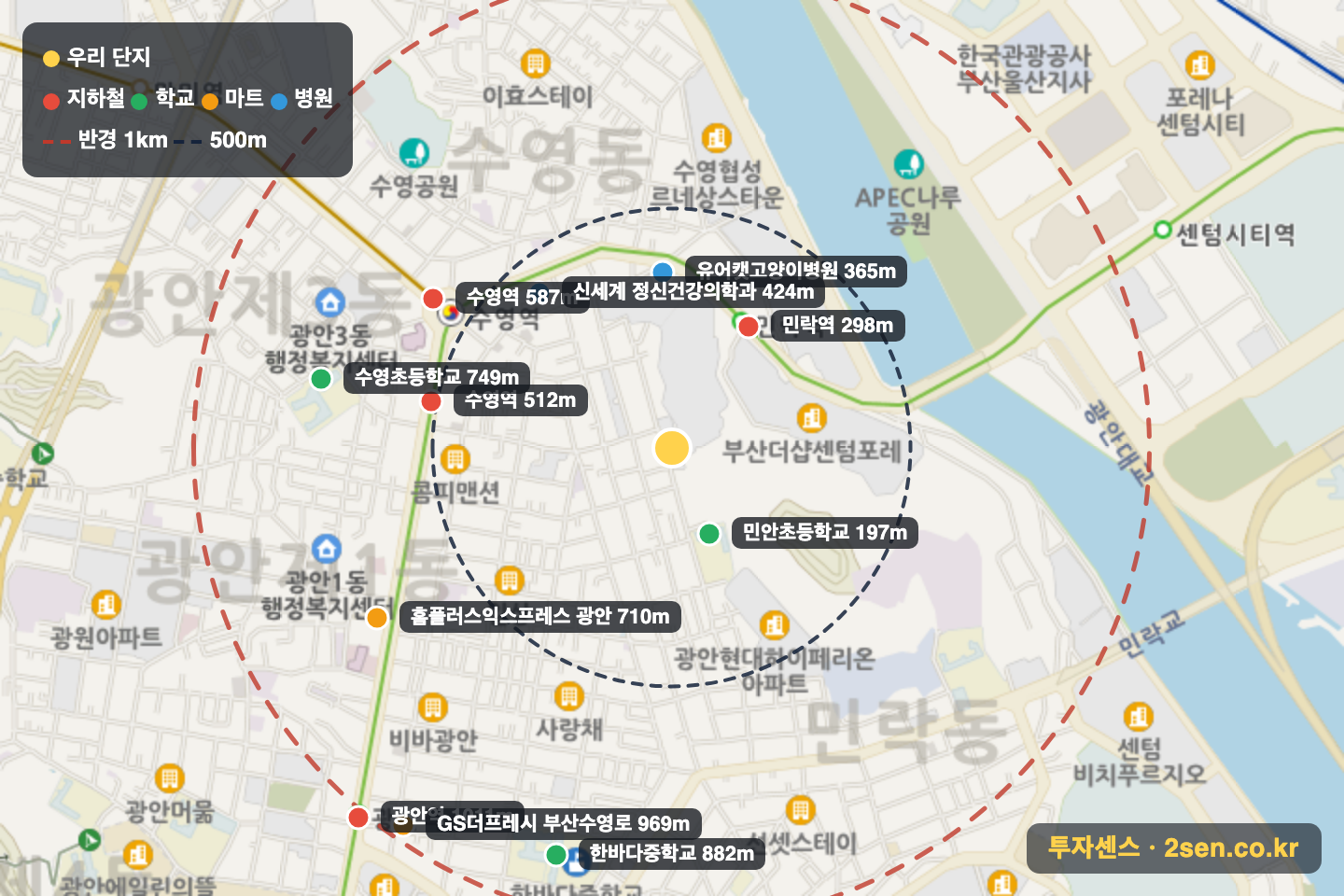 극동아파트 반경 1km 입지 지도(지하철·학교·마트)