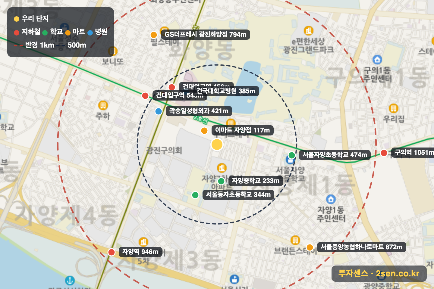금강KCC 반경 1km 입지 지도(지하철·학교·마트)