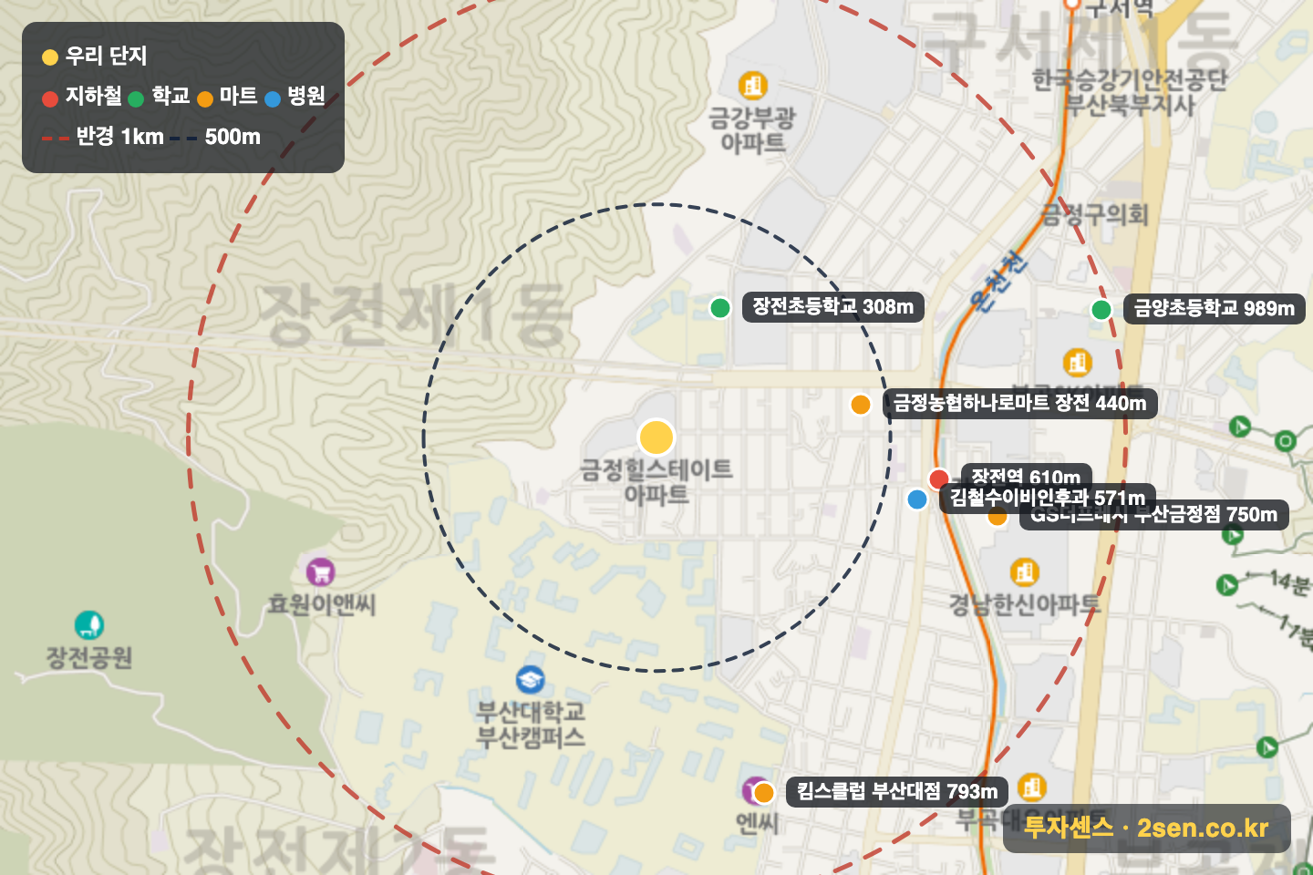 금정힐스테이트 반경 1km 입지 지도(지하철·학교·마트)