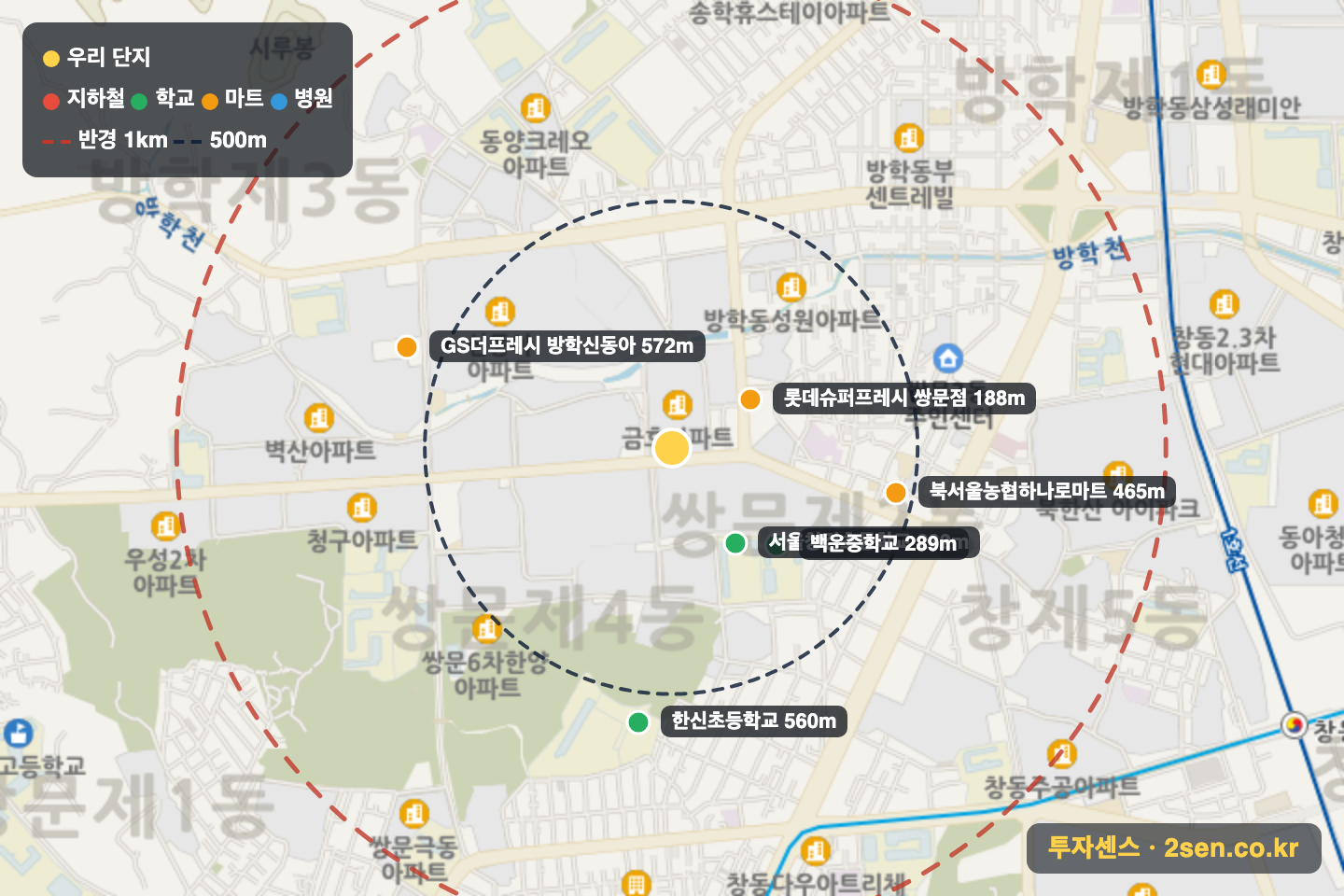 금호1 반경 1km 입지 지도(지하철·학교·마트)
