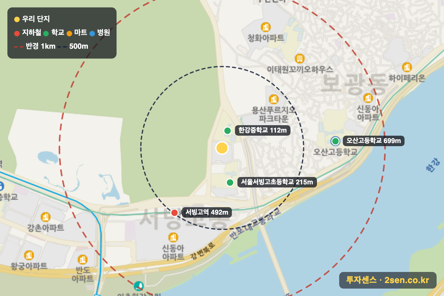 금호베스트빌 반경 1km 입지 지도(지하철·학교·마트)