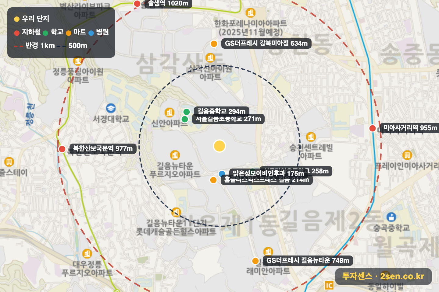 길음뉴타운4단지(e편한세상) 반경 1km 입지 지도(지하철·학교·마트)
