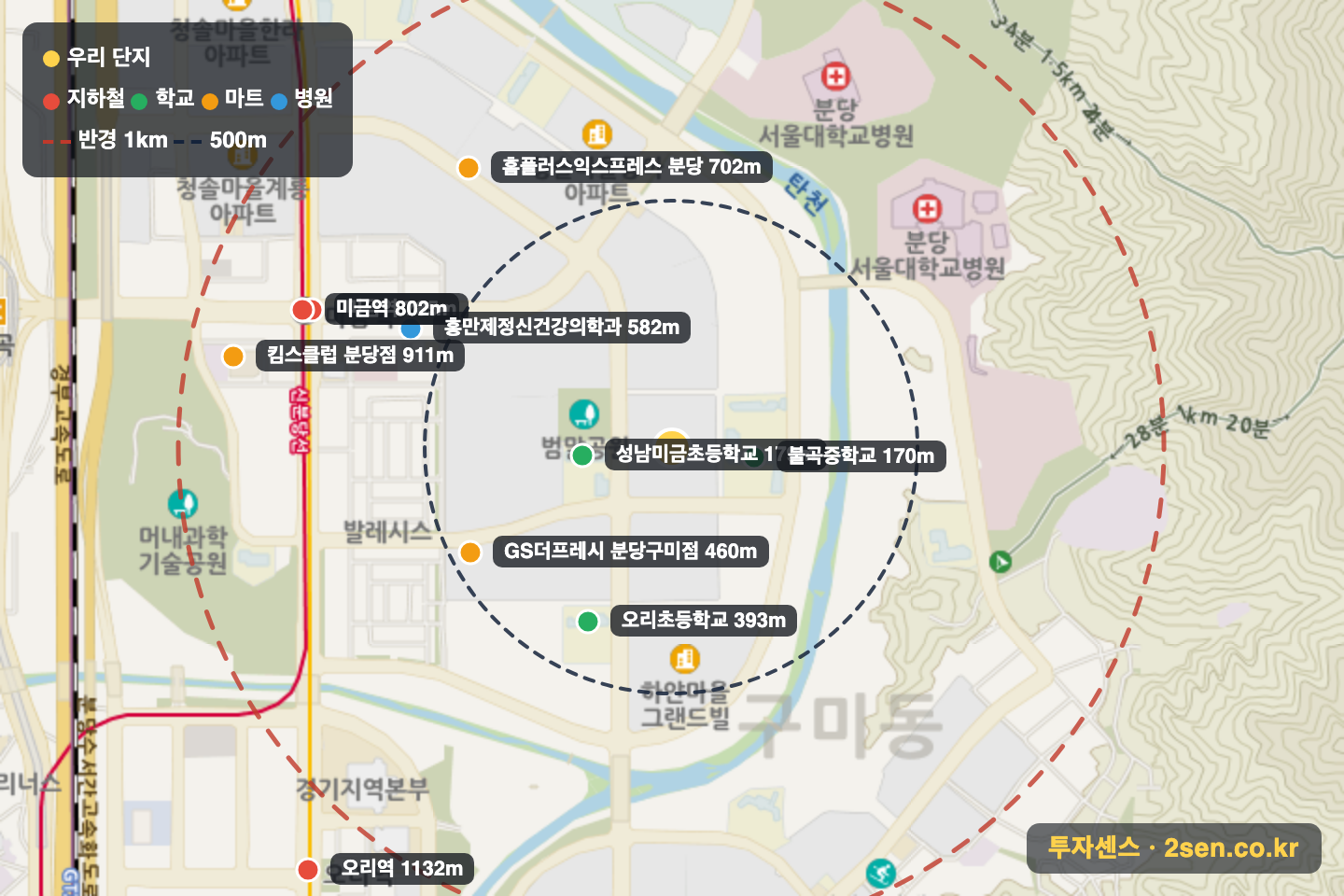 까치마을(2단지)(주공) 반경 1km 입지 지도(지하철·학교·마트)
