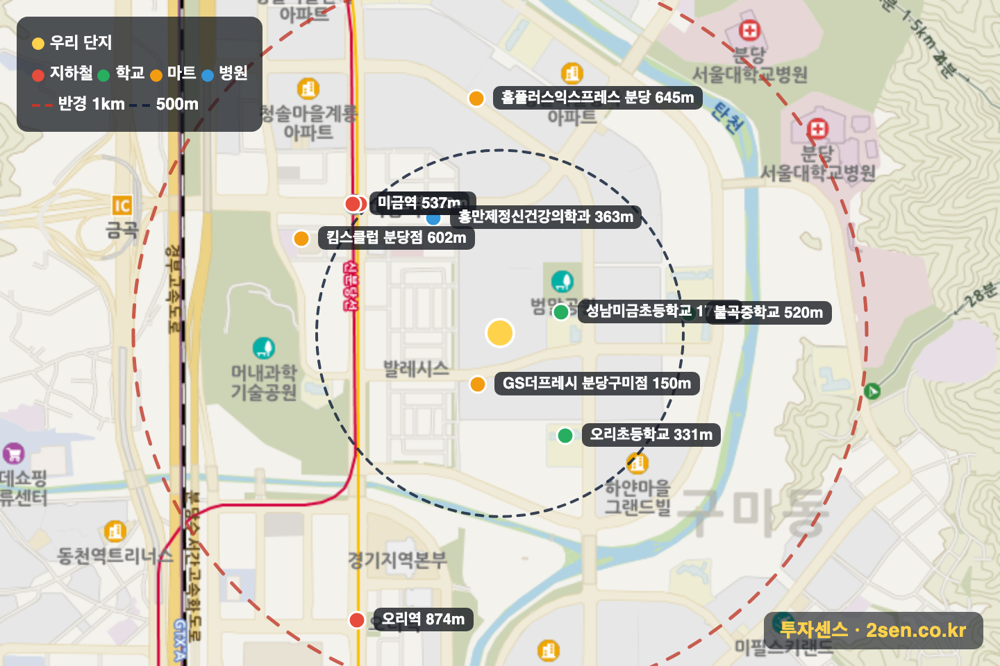 까치마을(4단지)(선경) 반경 1km 입지 지도(지하철·학교·마트)