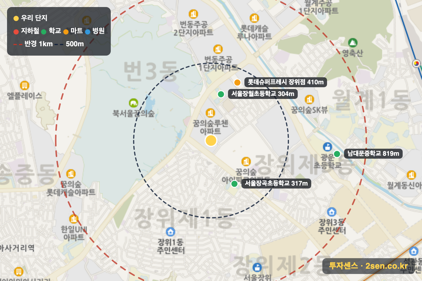 꿈의숲코오롱하늘채 반경 1km 입지 지도(지하철·학교·마트)
