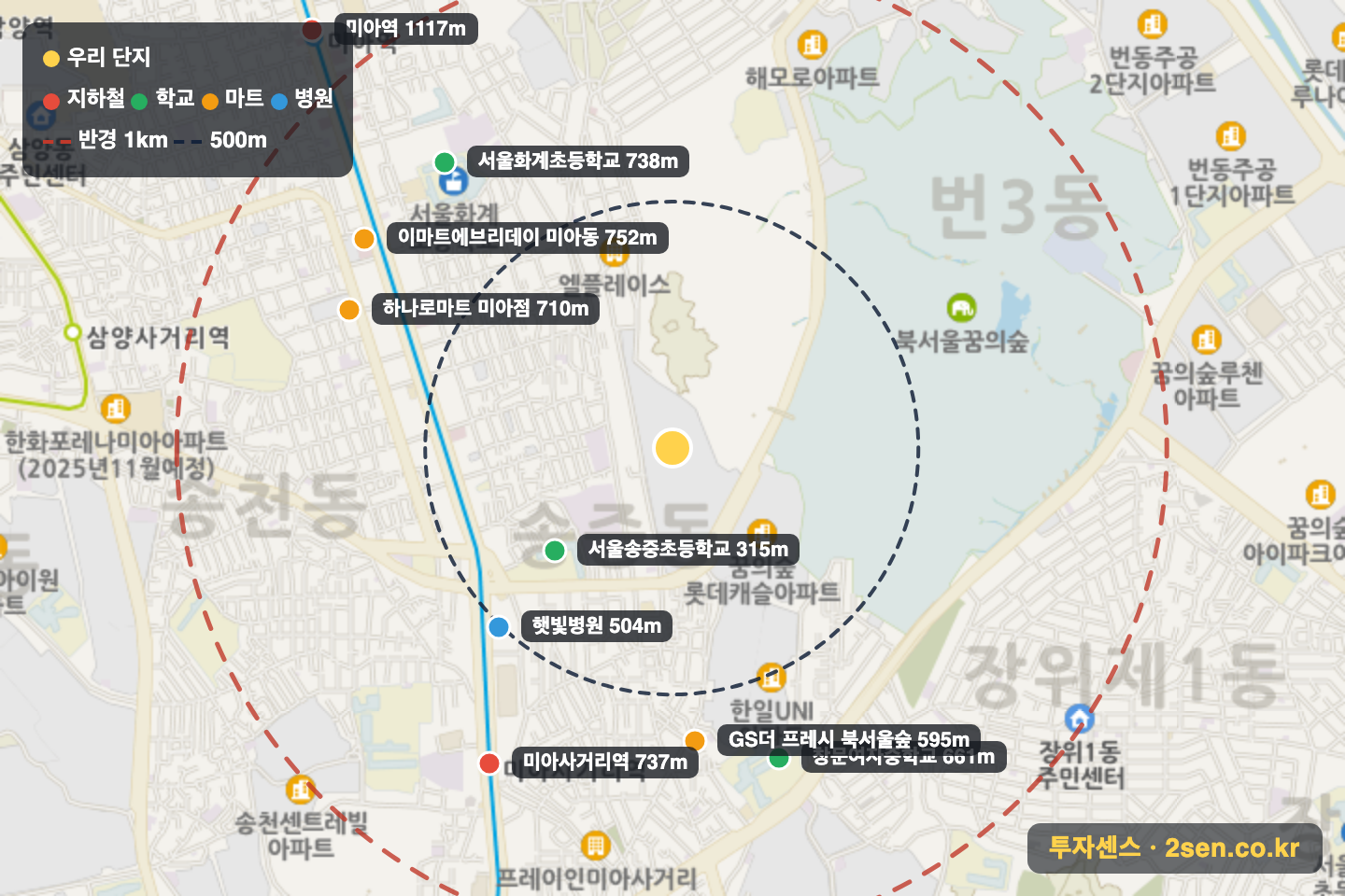 꿈의숲해링턴플레이스 반경 1km 입지 지도(지하철·학교·마트)