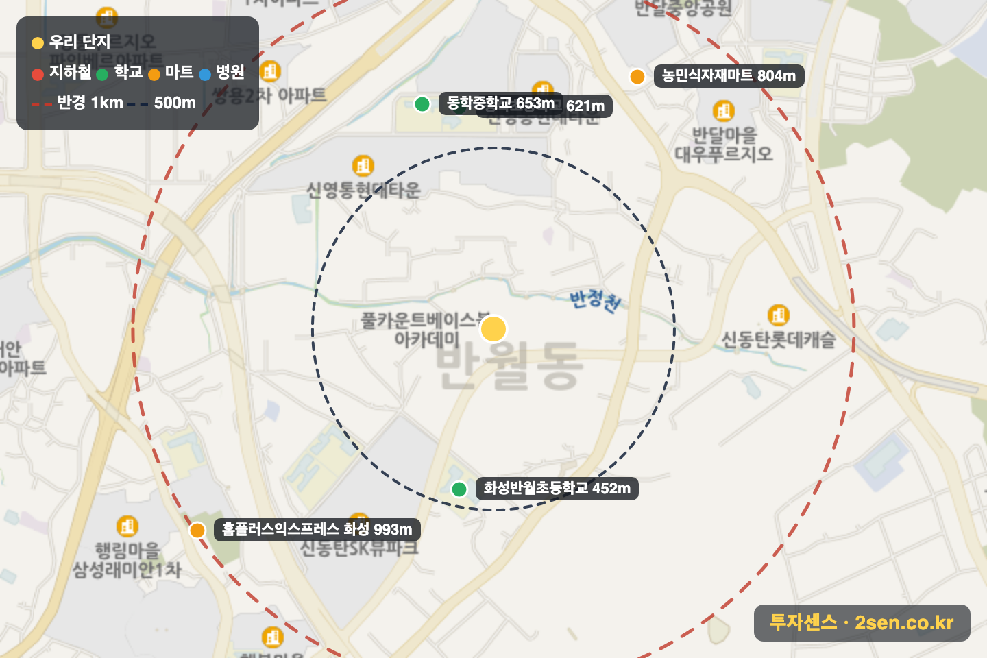 나노시티역롯데캐슬 반경 1km 입지 지도(지하철·학교·마트)