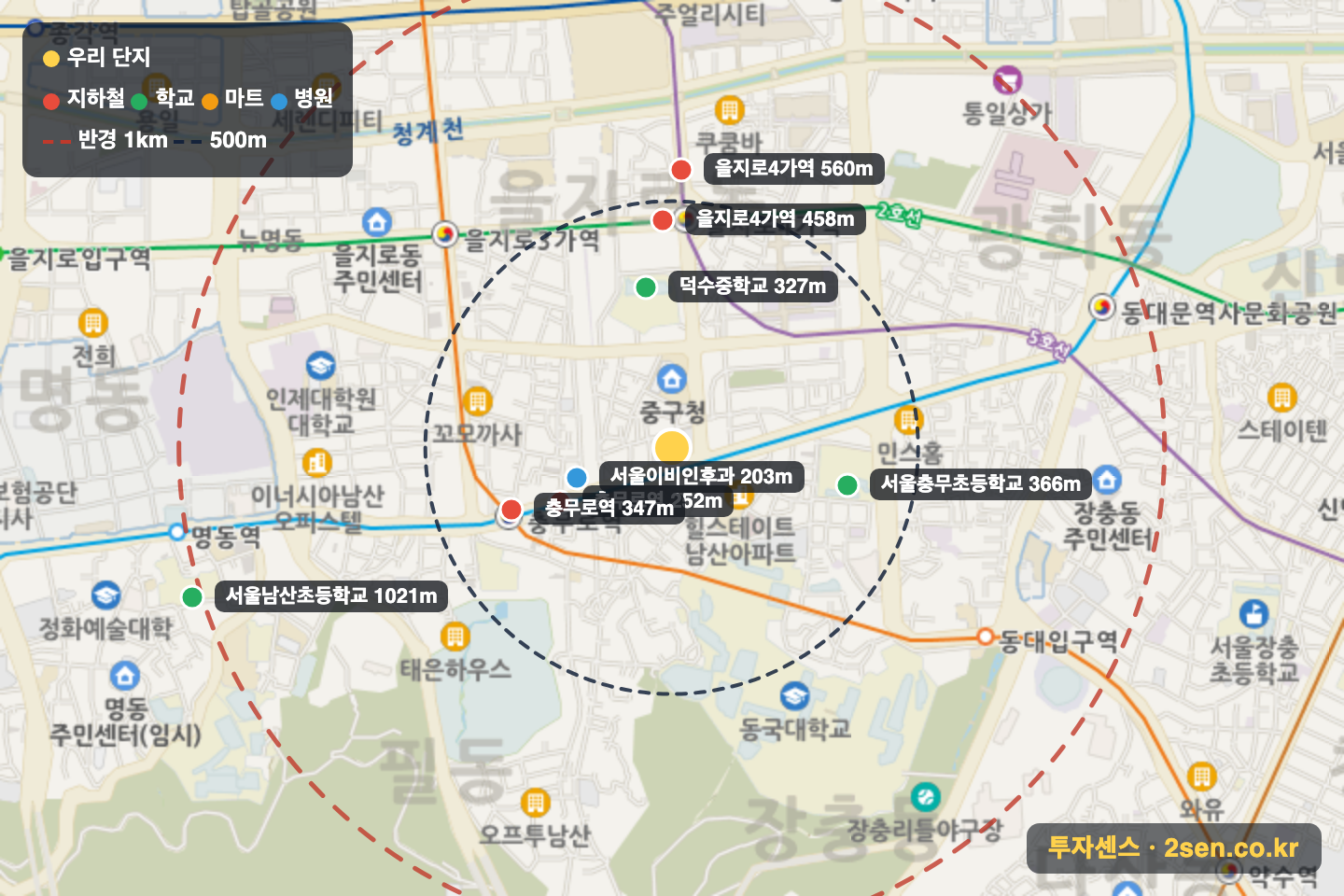 남산센트럴자이 반경 1km 입지 지도(지하철·학교·마트)