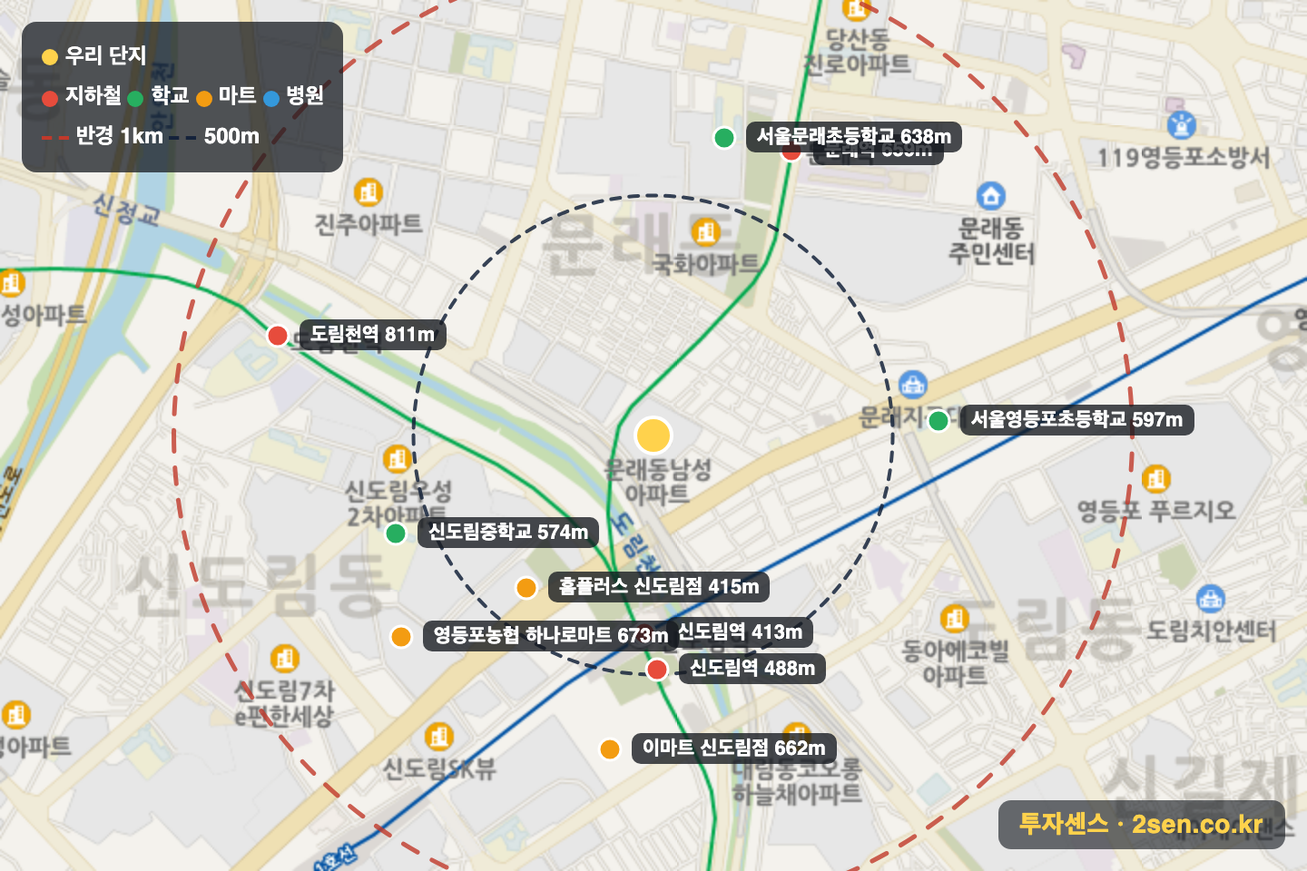 남성 반경 1km 입지 지도(지하철·학교·마트)
