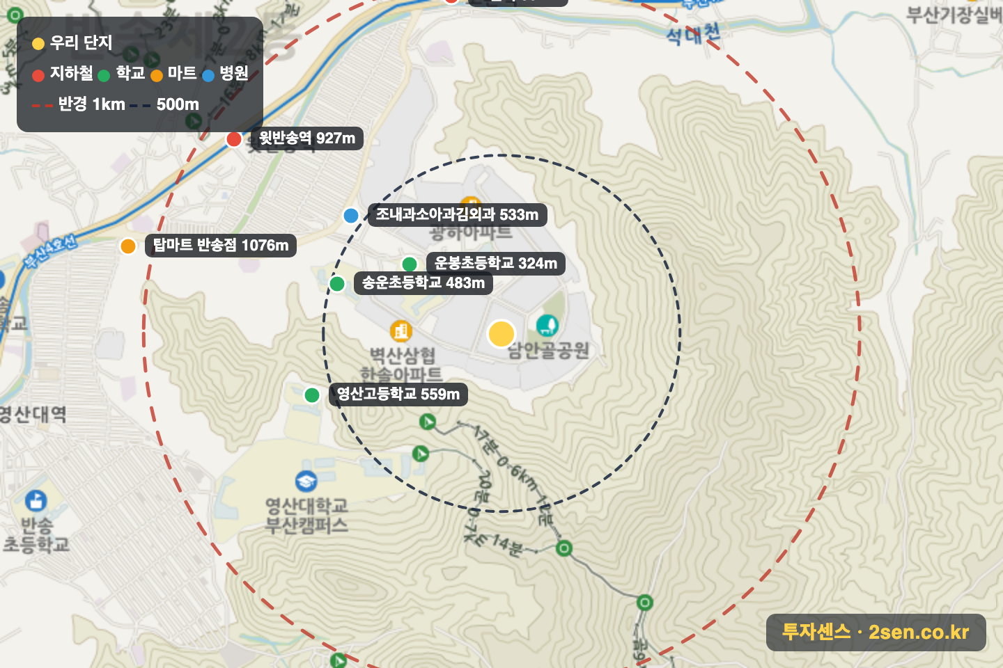 남흥 반경 1km 입지 지도(지하철·학교·마트)