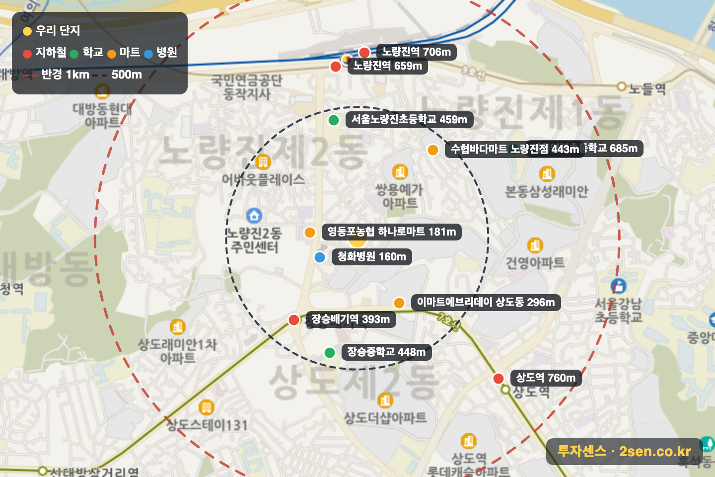 노량진맨션 반경 1km 입지 지도(지하철·학교·마트)