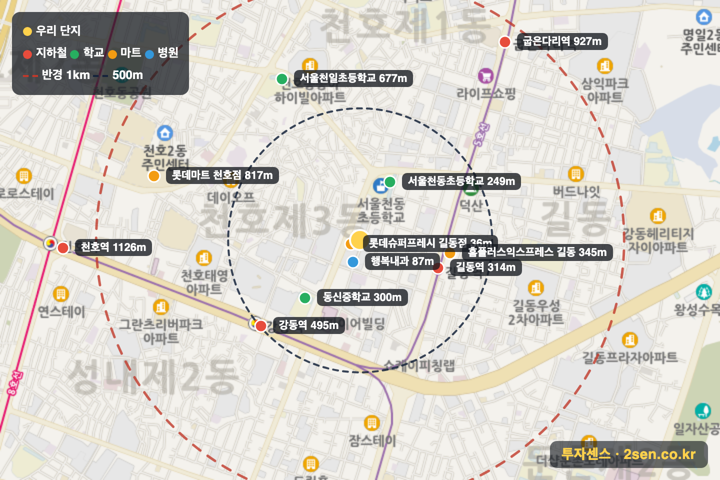 노블레스 반경 1km 입지 지도(지하철·학교·마트)