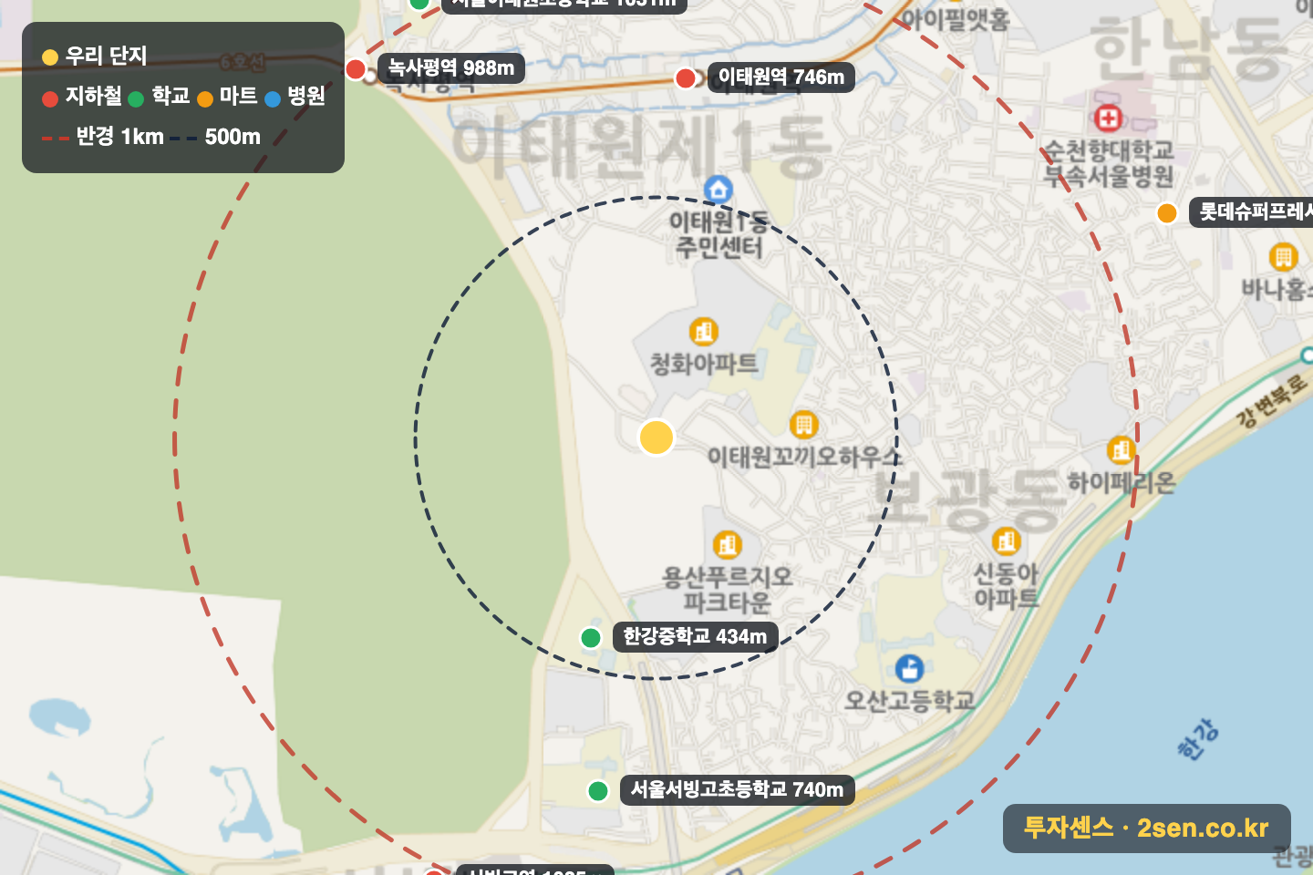 노블캐슬 반경 1km 입지 지도(지하철·학교·마트)