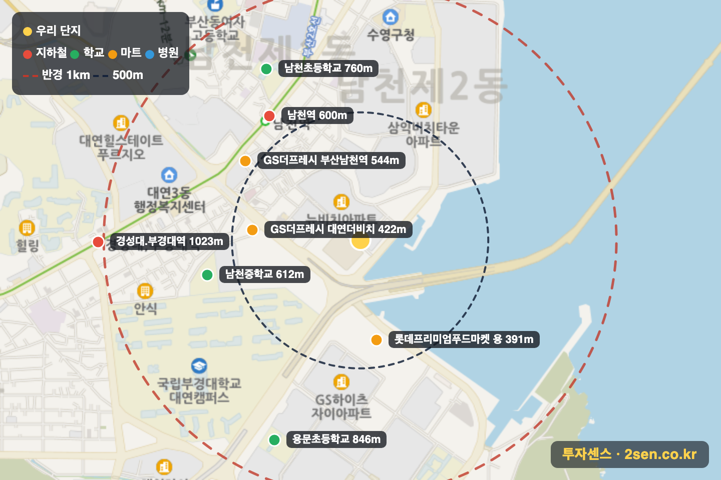 뉴비치 반경 1km 입지 지도(지하철·학교·마트)