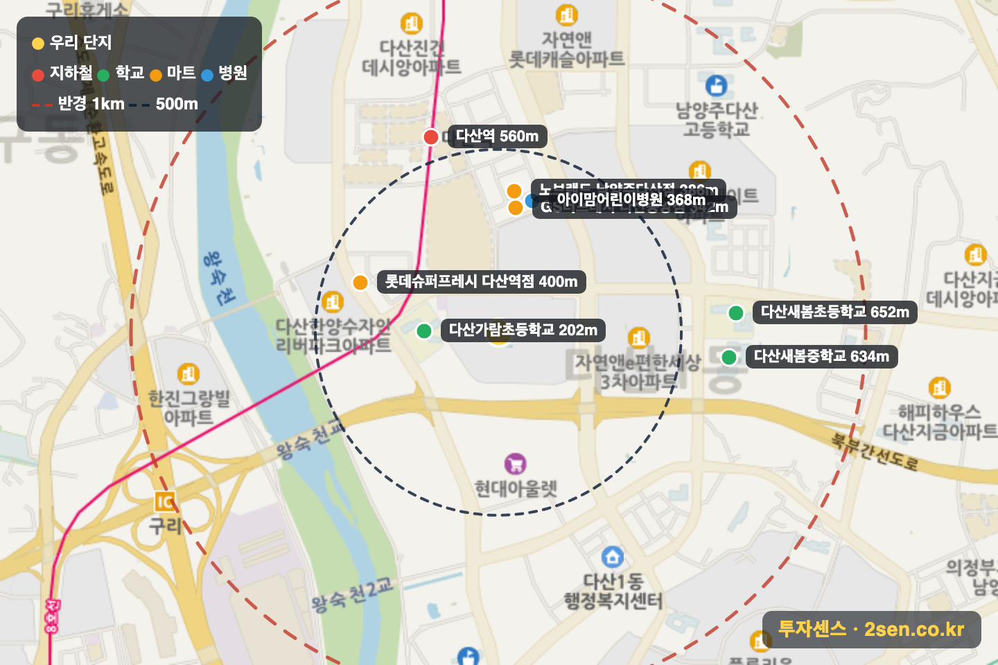 다산 이편한세상자이 반경 1km 입지 지도(지하철·학교·마트)