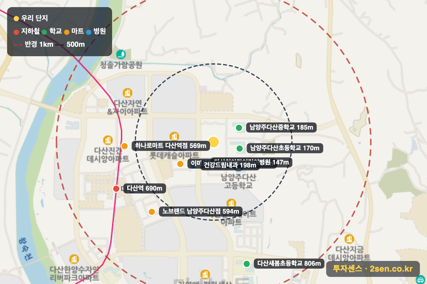다산아이파크 반경 1km 입지 지도(지하철·학교·마트)